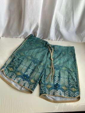 Niyama Sol Teal Geometric Men’s Board Shorts with Tan Trim